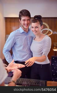 happy young romantic couple in love buy jewelry ring in luxury store