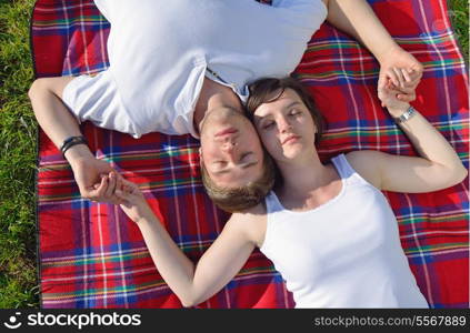 happy young romantic couple in love having a picnic outdoor on a summer day