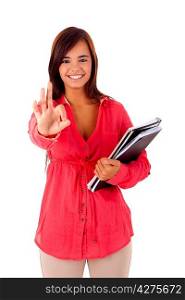 Happy young student expressing positivity sign, isolated over white