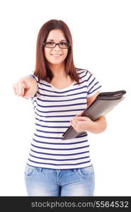 Happy young student expressing positivity sign, isolated over white