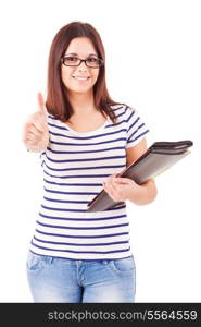 Happy young student expressing positivity sign, isolated over white