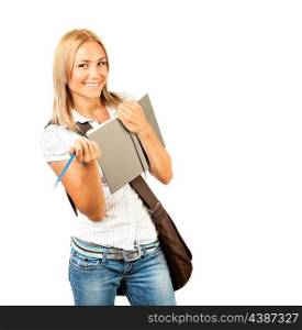 Happy young student girl holding books, high school or college graduand, cute casual teenager smiling, standing isolated on white background, studying at university, back to school, education concept