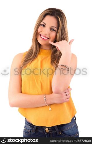 "Happy young student making "call me" sign with hand"