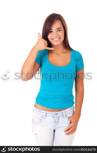 "Happy young student making "call me" sign with hand"