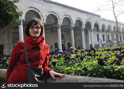 happy young tourist woman travel visit ancient istambul in turkey and old ayasofya blue mosque