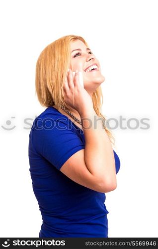 Happy young woman at cellphone, isolated over a white background