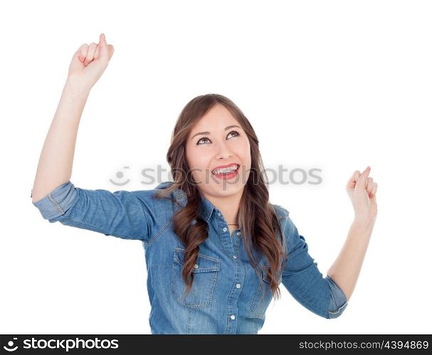 Happy young woman celebrating something isolated on a white background
