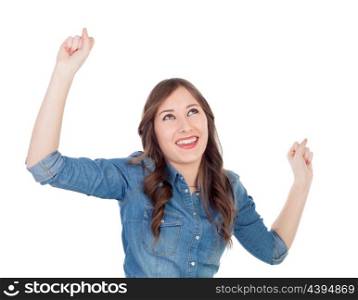 Happy young woman celebrating something isolated on a white background