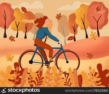 Happy young woman dressed in autumn clothes riding a bicycle with forest background. Leaves flying around in wind. Flat colorful illustration.