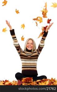 Happy young woman drop up autumn leaves, isolated on white