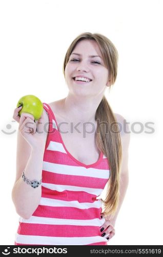 happy young woman eat green apple isolated on white backround in studio