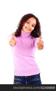 Happy young woman expressing positivity sign, isolated over white