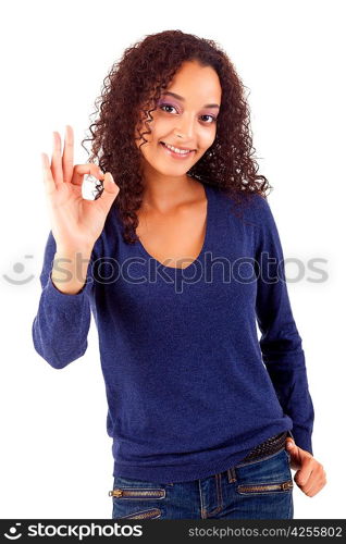 Happy young woman expressing positivity sign, isolated over white