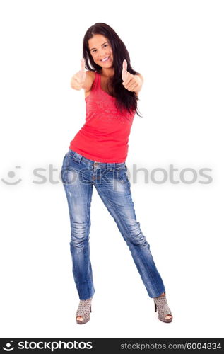 Happy young woman expressing positivity sign, isolated over white