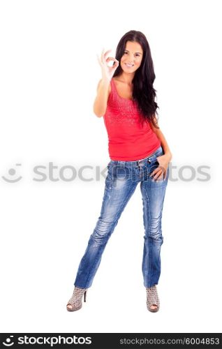 Happy young woman expressing positivity sign, isolated over white