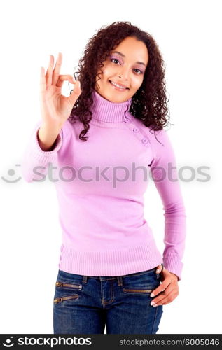 Happy young woman expressing positivity sign, isolated over white