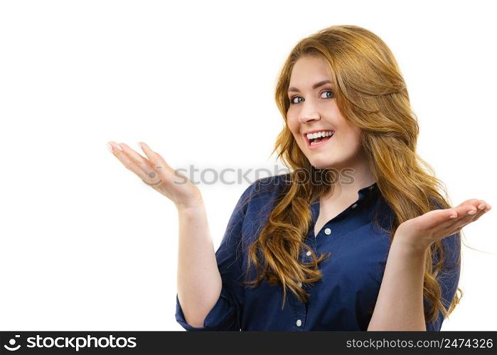 Happy young woman gesturing with hands, on white. Positive emotions concept.. Happy young woman gesturing with hands,