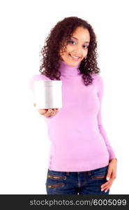 Happy young woman holding a gift, isolated over white