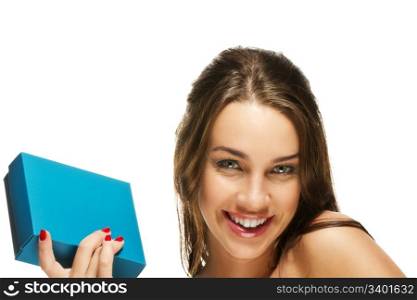 happy young woman holding present box. happy young woman holding present box on white background