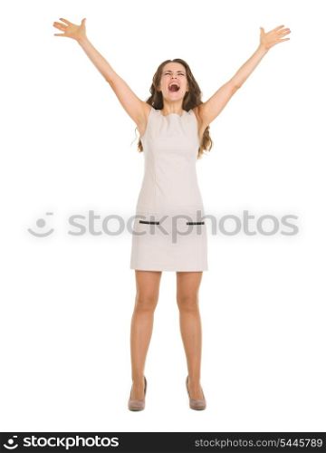 Happy young woman in dress rejoicing success