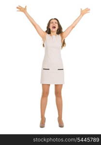 Happy young woman in dress rejoicing success