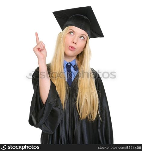 Happy young woman in graduation gown got idea