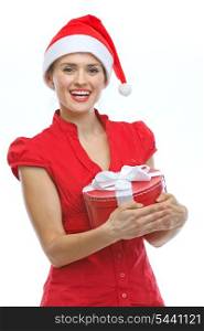 Happy young woman in Santa hat with Christmas present box