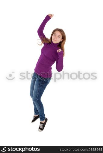 Happy young woman jumping isolated on a white background