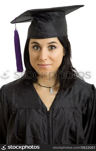 happy young woman on graduation day, isolated on white