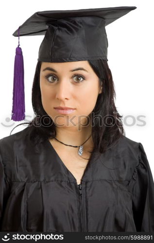 happy young woman on graduation day, isolated on white