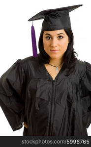 happy young woman on graduation day, isolated on white