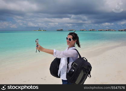 happy young woman on summer vacation on beautiful tropical beach have fun enjoy and relax