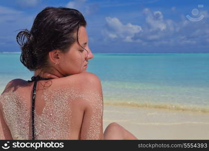 happy young woman on summer vacation on beautiful tropical beach have fun enjoy and relax