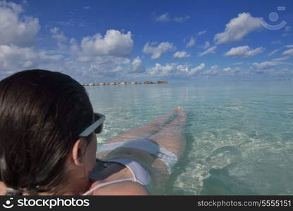 happy young woman on summer vacation on beautiful tropical beach have fun enjoy and relax