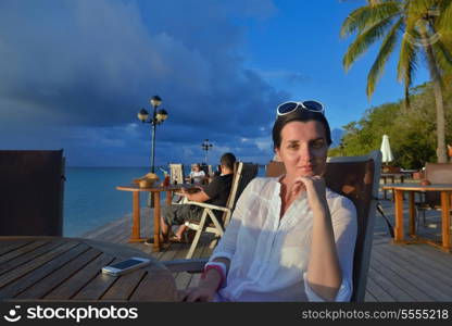 happy young woman on summer vacation on beautiful tropical beach have fun enjoy and relax