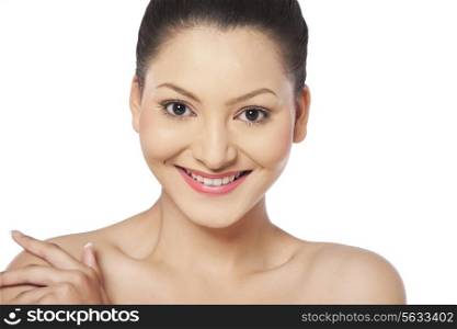 Happy young woman over white background