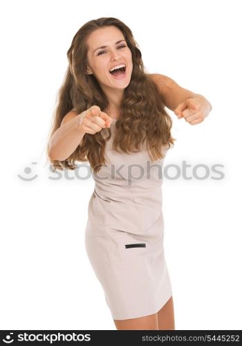Happy young woman pointing on in camera
