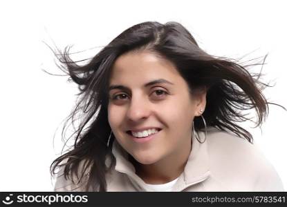 happy young woman portrait with wind in her hair