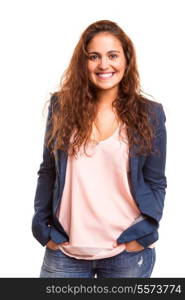 Happy young woman posing isolated over white background