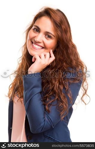 Happy young woman posing isolated over white background