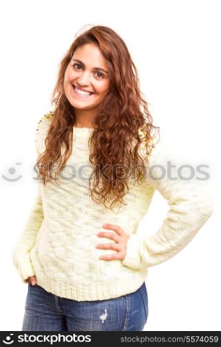 Happy young woman posing isolated over white background