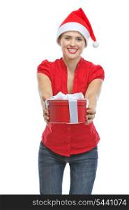 Happy young woman presenting Christmas gift box