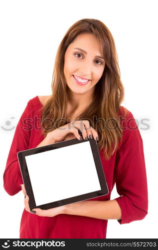 Happy young woman presenting your product in a tablet computer