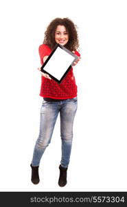 Happy young woman presenting your product in a tablet computer