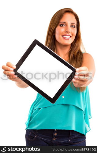 Happy young woman presenting your product in a tablet computer