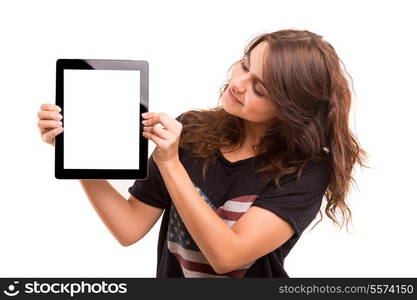 Happy young woman presenting your product in a tablet computer