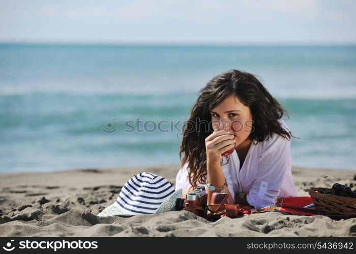 happy young woman relax onbeautiful beach at morning