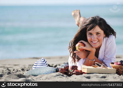 happy young woman relax onbeautiful beach at morning