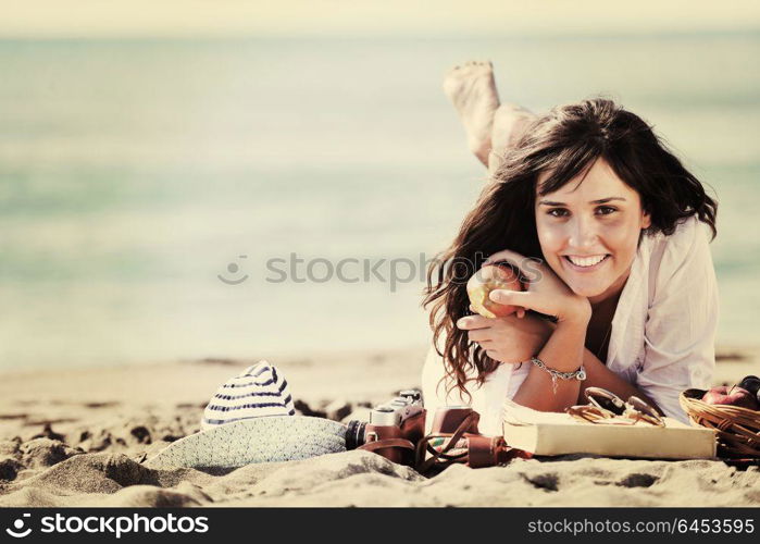 happy young woman relax onbeautiful beach at morning