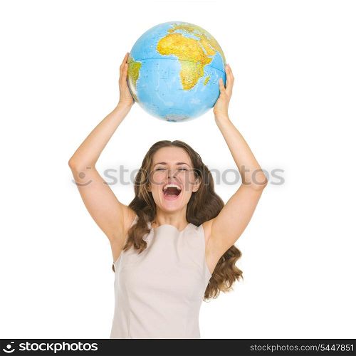 Happy young woman rising up globe
